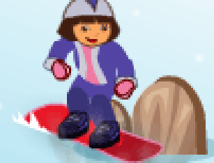 Dora na neve andando de skate